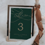 Calligraphie verte romantique | Numéro de table de<br><div class="desc">Cette calligraphie verte romantique numéro de table fleurie est parfait pour un mariage simple. Le design classique moderne comprend des tourbillons fantaisistes et des fleurs fantaisistes avec une magnifique typographie de feuille d'or en faux champagne. La carte s'imprime à l'avant et à l'arrière (double face). Ajoutez chaque numéro de table...</div>