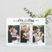 Calligraphy Heart Mr. and Mrs. 3 Photo Wedding Bedankkaart (Staand voorkant)