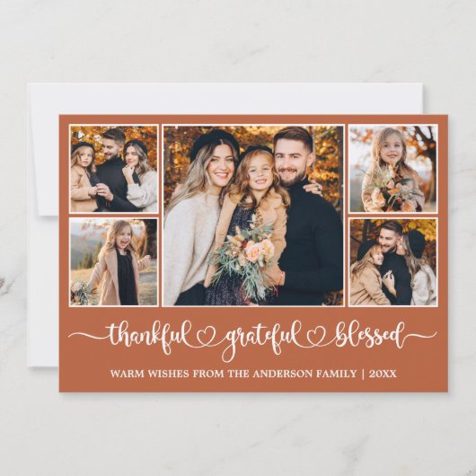 Calligraphy Heart Thankful 5 Photo Feestdagenkaart (Voorkant)