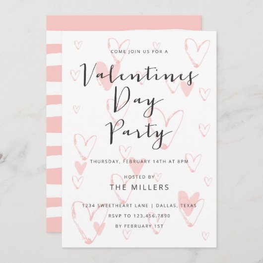 Calligraphy Hearts Valentijn Party Kaart (Voorkant / Achterkant)