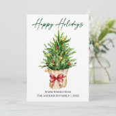 Calligraphy Ink Watercolor Pine Red Bow Feestdagenkaart (Staand voorkant)