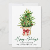 Calligraphy Ink Watercolor Pine Tree Red Bow Feestdagenkaart (Voorkant)