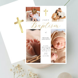 Calligraphy Photo Collage Gold Cross Baby Baptism Kaart