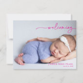 Calligraphy Pink Welcoming Baby Announcement card (Voorkant)