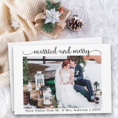 Calligraphy Red Heart Married and Merry Photo Feestdagenkaart