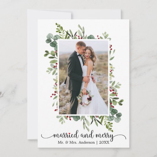Calligraphy Red Heart Married and Merry Photo Feestdagenkaart (Voorkant)