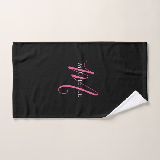 Calligraphy Script Monogram Name Black and Pink (Serviette à main)