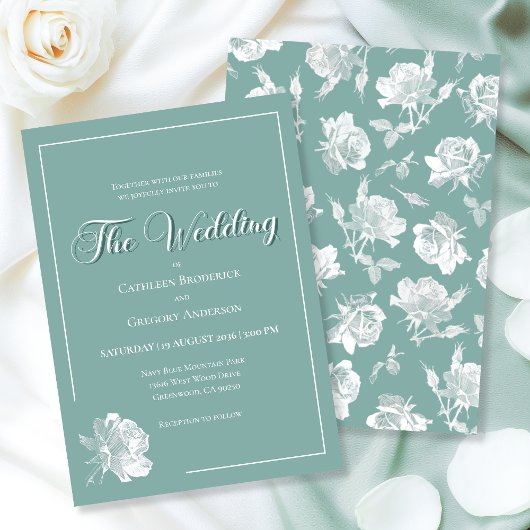 Calligraphy Script Sage Green Floral Wedding Kaart