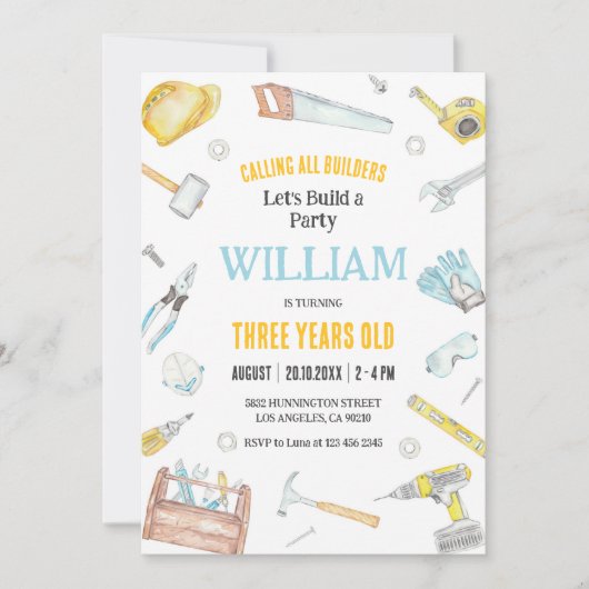 Calling All Builders Kids Boy Birthday Invitation (Devant)