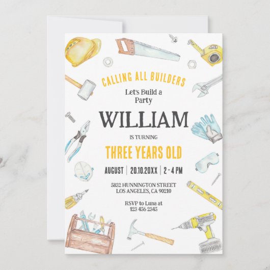 Calling All Builders Kids Boy Birthday Invitation (Devant)