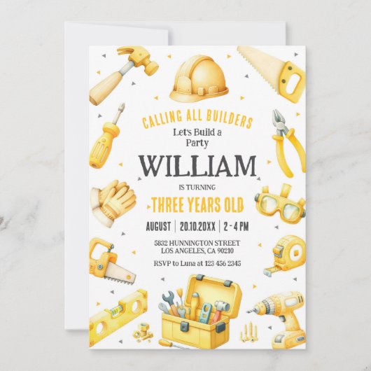 Calling All Builders Kids Boy Birthday Invitation (Devant)
