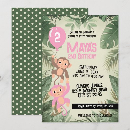 Calling All Monkeys 2nd Birthday Invitation (pink) (Devant / Derrière)