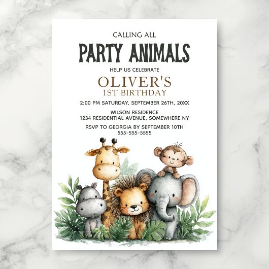 Calling All Party Animals 1st Birthday Party Kaart