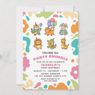 Calling All Party Animals Floral Kids 1st Birthday Kaart