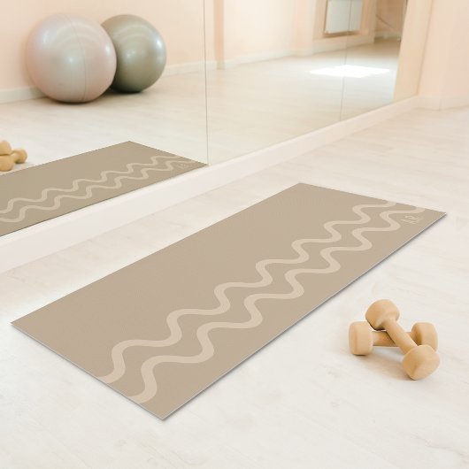 Calm Beige Modern Minimal Wavy Lines With Initials Yogamat