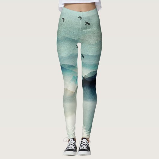 Calm Natuur Waterverf Mountain Scene Leggings (Voorkant)