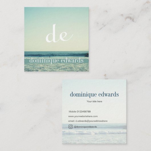 Calm Ocean Wave Beach Scene Modern Monogram Vierkante Visitekaartje (Voorkant / Achterkant)