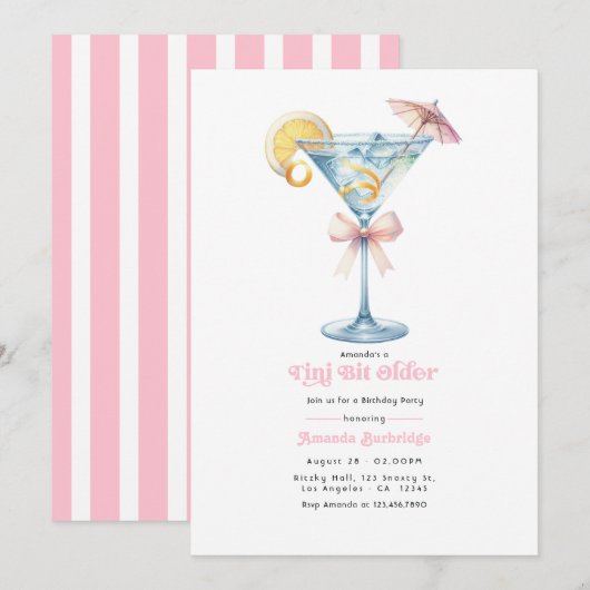 Calme Invitation d'anniversaire Martini Rose Tini (Devant / Derrière)