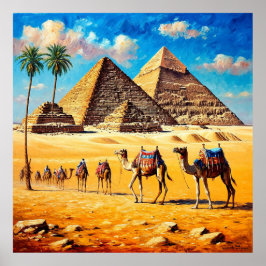 Camel Caravan steekt Egyptische woestijnpiramides  Poster