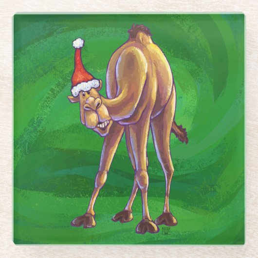 Camel Kerstmis op groen Glazen Onderzetter (Voorkant)