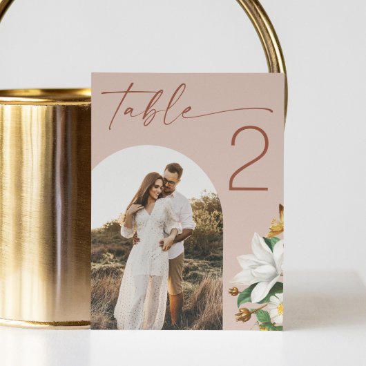 camelia. Bord roze boog foto bruiloft Kaart