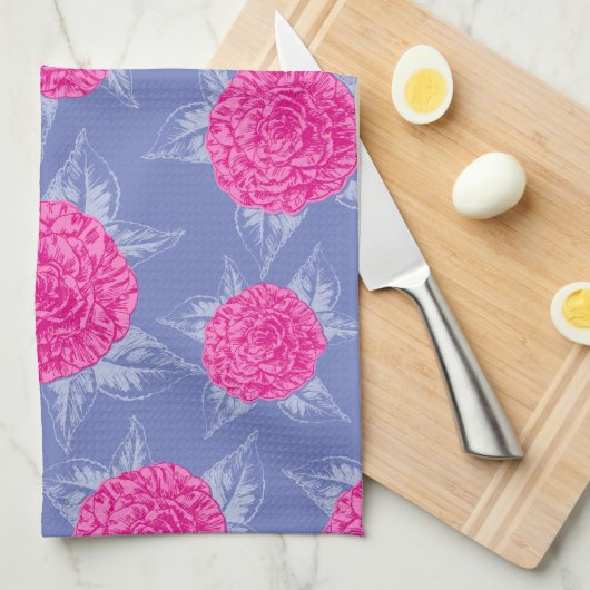 Camellia bloemen en bladeren inktvlek roze blauw theedoek (Quarter Fold)