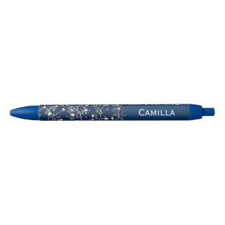 Camellia Bloemen Navy Blauwe Aangepaste Naam Zwarte Inkt Pen