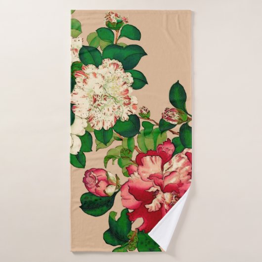 Camellias japonais vintage. Rose profond sur le be (Serviette de bain)