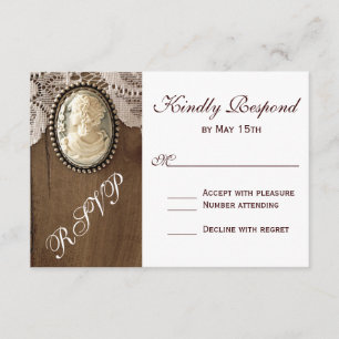  Cameo Brooch Lace Wood Wedding RSVP-kaarten RSVP Kaartje