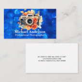 Camera en Bloemen | Blauwe Bokeh Visitekaartje (Voorkant / Achterkant)