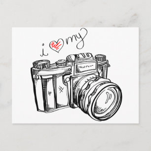 camera, hand-tekening illustratie, foto briefkaart