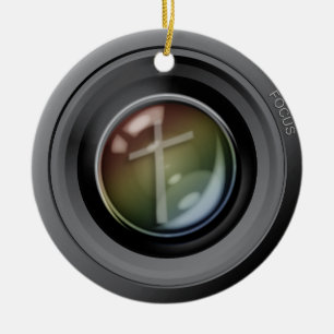Camera Lens Ornament. Focus op Jezus. Keramisch Ornament