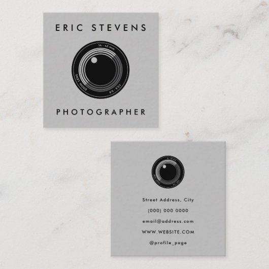Camera lens zwart en grijs vierkant visitekaartje (Voorkant / Achterkant)