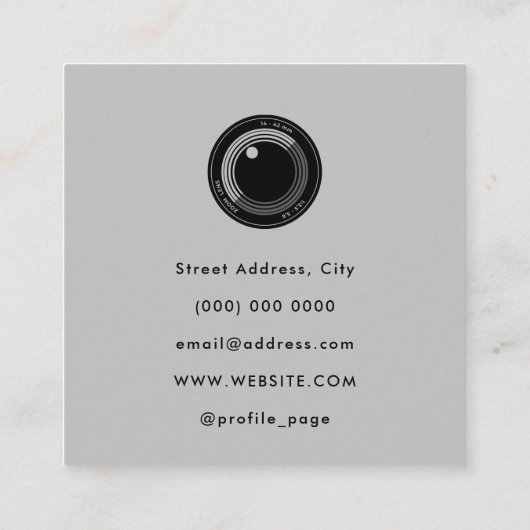 Camera lens zwart en grijs vierkant visitekaartje (Achterkant)