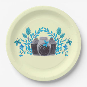 Camera met Azure Blue Leaves en Butterflies Papieren Bordje