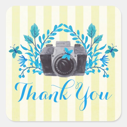 Camera met blauwe bladeren en vlinders dank u vierkante sticker (Voorkant)