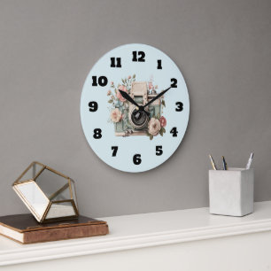 Camera met bloemen Retro Pastel Afbeelding Grote Klok