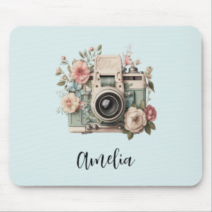 Camera met bloemen Retro Pastel Afbeelding Muismat