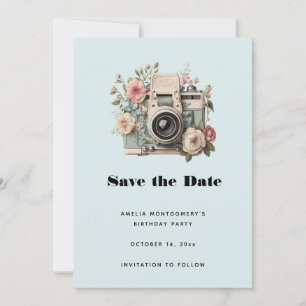 Camera met bloemen Retro Pastel Afbeelding Save The Date