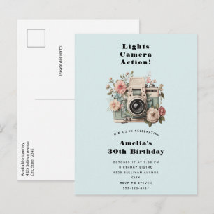Camera met bloemen Retro Pastel Afbeelding Verjaar Uitnodiging Briefkaart