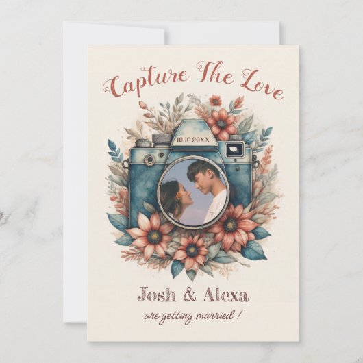 Camera met bloemenbruiloft Uitnodiging (Voorkant)