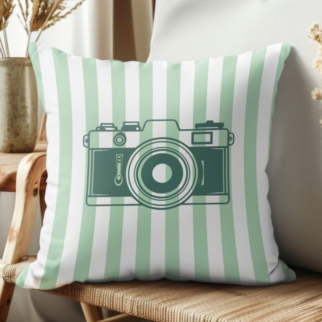 Camera on Sea Green Stripes, Accent Pillow,  Kussen (Creator heeft geüpload)