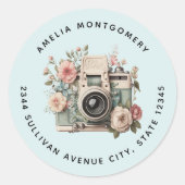 Camera with Flowers Retro Pastel Image - Address Ronde Sticker (Voorkant)