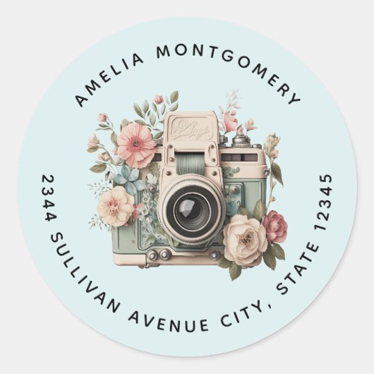 Camera with Flowers Retro Pastel Image - Address Ronde Sticker (Voorkant)
