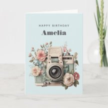 Camera with Flowers Retro Pastel Image Birthday
