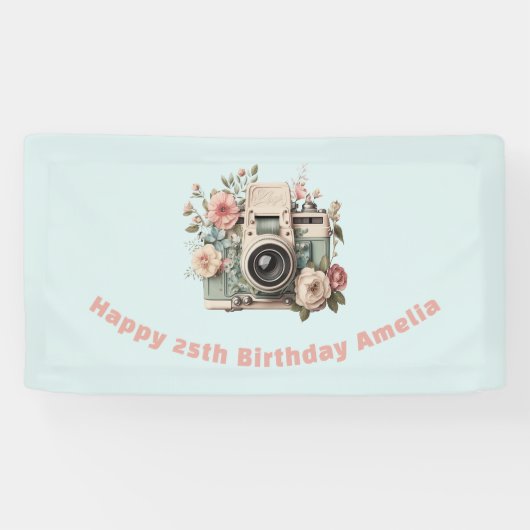 Camera with Flowers Retro Pastel Image Birthday Spandoek (Horizontaal)