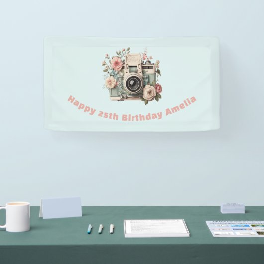 Camera with Flowers Retro Pastel Image Birthday Spandoek (Beurs)
