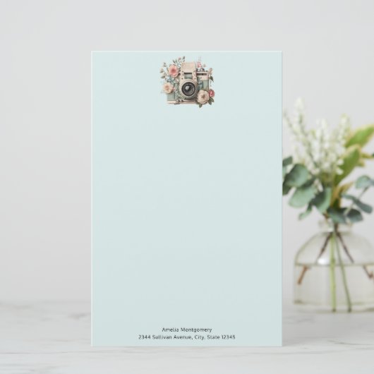 Camera with Flowers Retro Pastel Image Briefpapier (Staand voorkant)