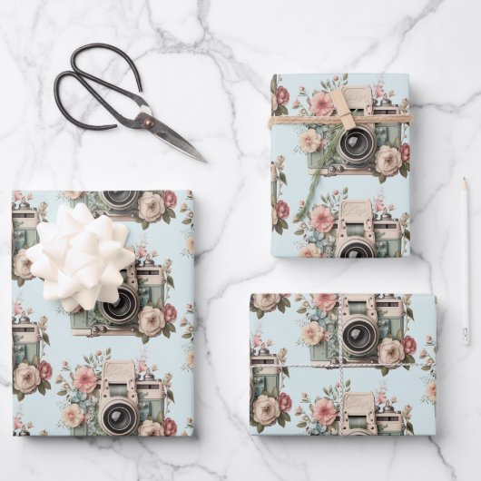 Camera with Flowers Retro Pastel Image Pattern Inpakpapier Vel (Voorkant)