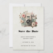 Camera with Flowers Retro Pastel Image Save The Date (Voorkant)